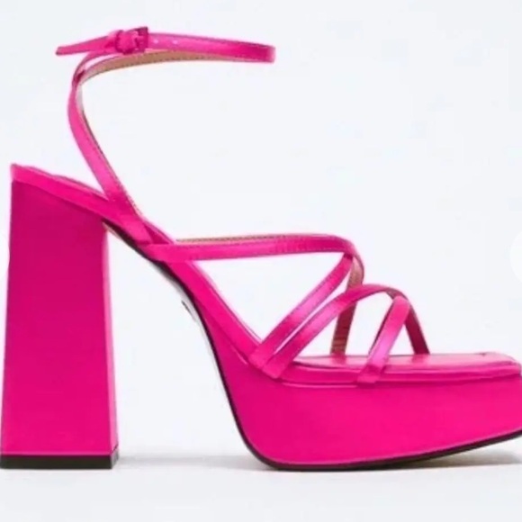 Zara Fuchsia Strappy Heeled Platform Sandals Chunky Satin Pink Barbie. Size 38 - Picture 1 of 8
